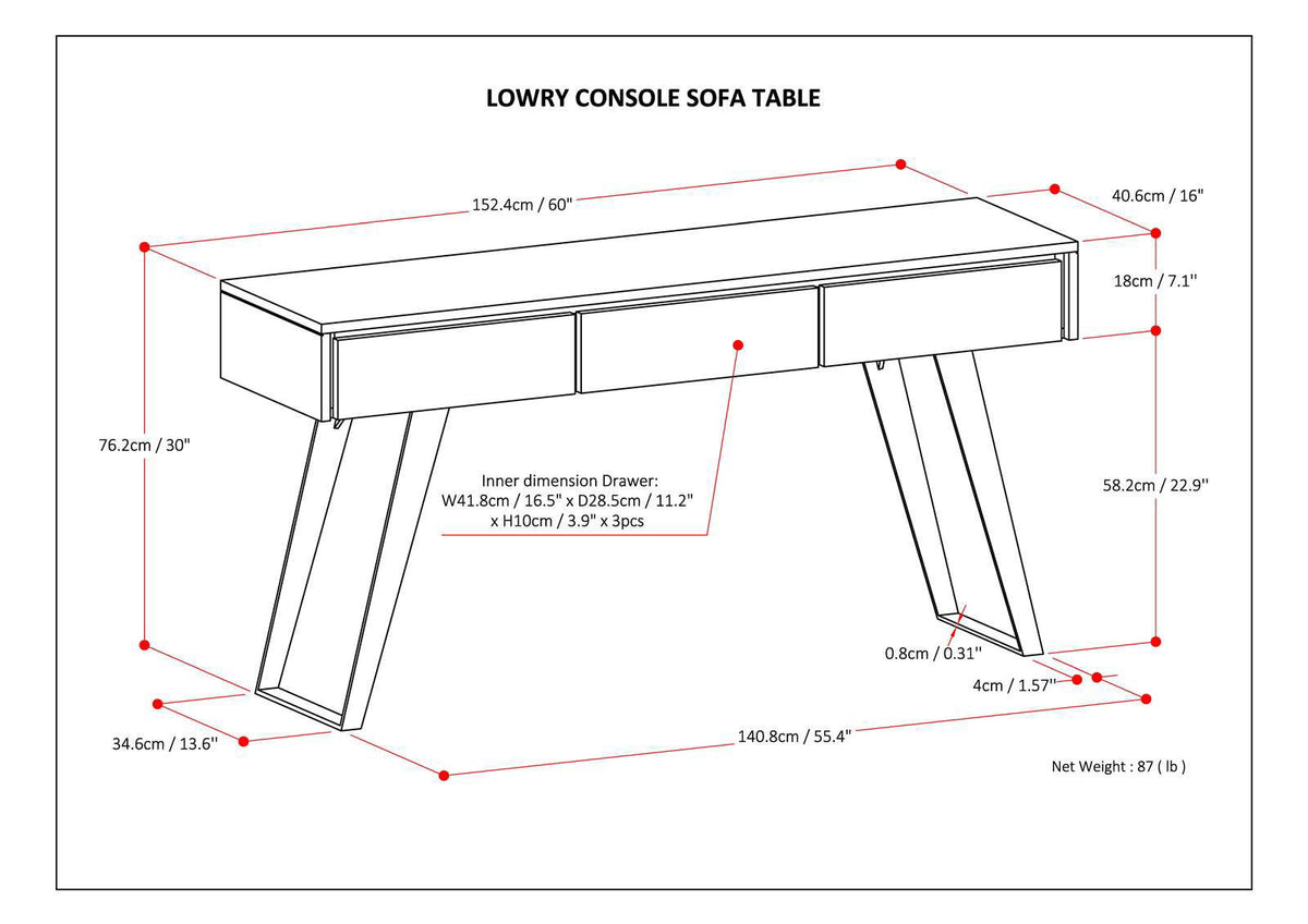 Handcrafted Acacia Console Table With Drawers shown in a dimensioned schematic with angled legs on Tampa Home & Garden Store
