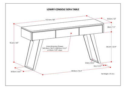 Handcrafted Acacia Console Table With Drawers shown in a dimensioned schematic with angled legs on Tampa Home & Garden Store