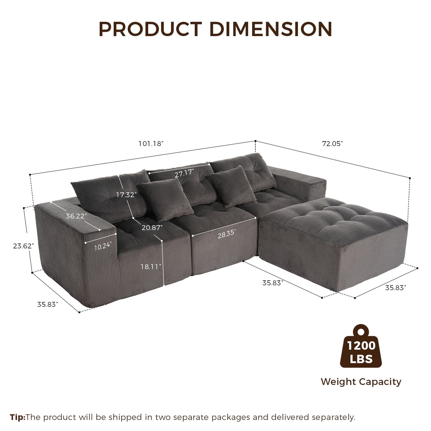 Vintage Corduroy L Shaped Sofa and Modular Frame