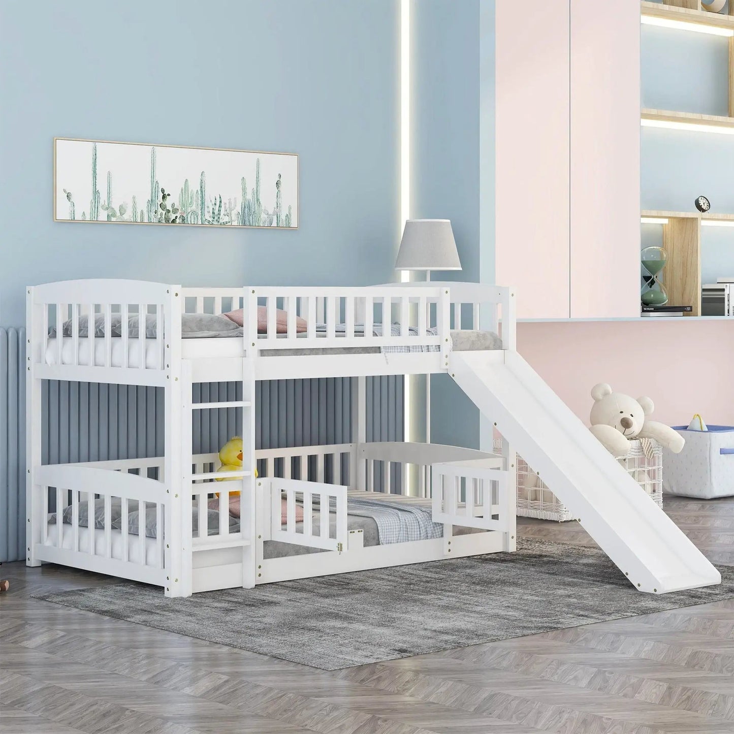 Low Bunk Bed With Slide Fence and Ladder