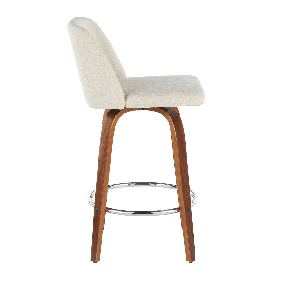 HouseOfZazla beige linen counter stool with padded seat, curved wood legs, chrome footrest on Tampa Home & Garden Store