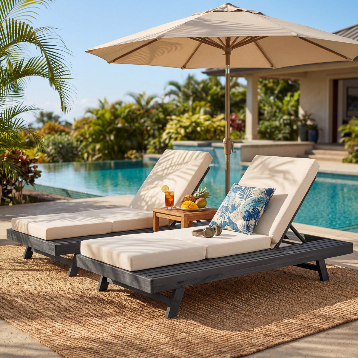 Acacia wood outdoor chaise loungers HouseOfZazla with cushions, 2 by pool under umbrella on Tampa Home & Garden Store