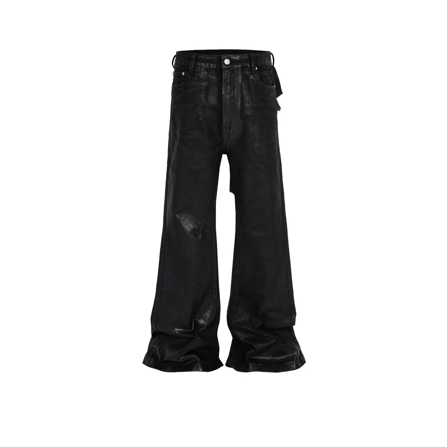 Men's vinyl-coated bootcut trousers by FLIPSTYLEZLLC in black with distressed shine on Tampa Home & Garden Store