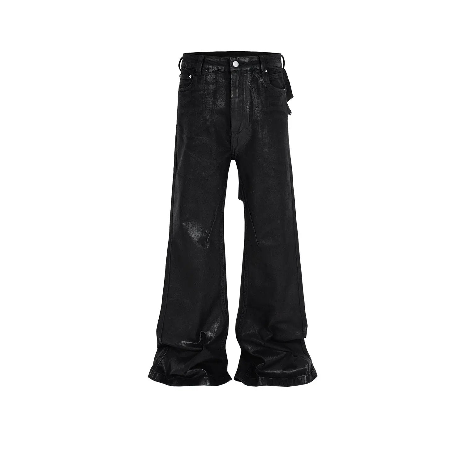 Men's vinyl-coated bootcut trousers by FLIPSTYLEZLLC in black with distressed shine on Tampa Home & Garden Store