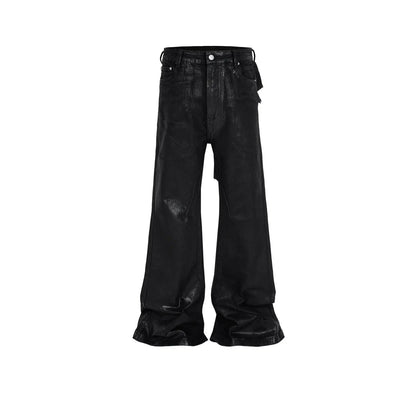 Men's vinyl-coated bootcut trousers by FLIPSTYLEZLLC in black with distressed shine on Tampa Home & Garden Store