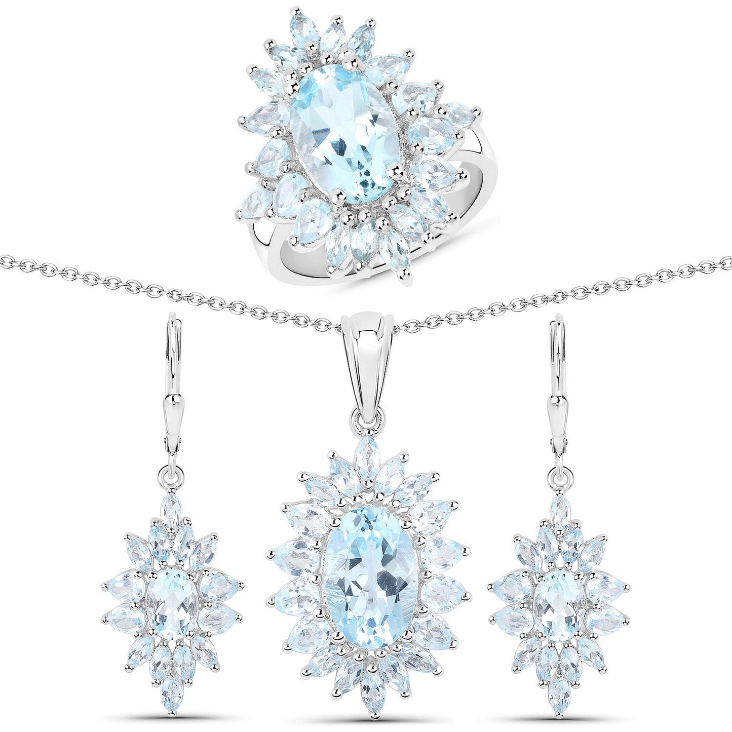 Genuine blue topaz 3-piece jewelry set in .925 silver: ring, pendant with chain, and earrings on Tampa Home & Garden Store