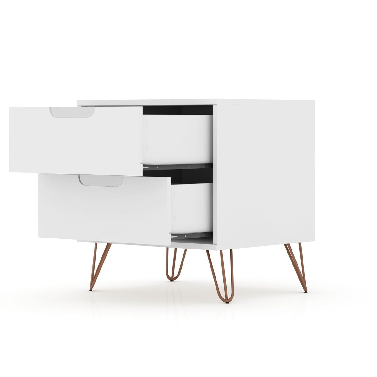 White two-drawer accent nightstand with mid-century hairpin legs for modern storage on Tampa Home & Garden Store