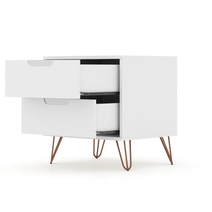 White two-drawer accent nightstand with mid-century hairpin legs for modern storage on Tampa Home & Garden Store