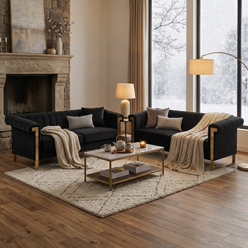 Designer Black Velvet Two Piece Sofa Set