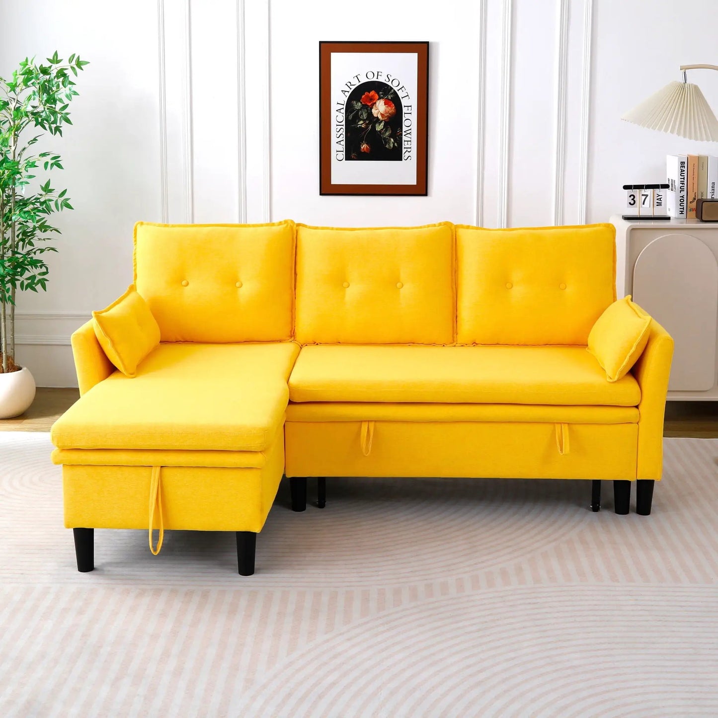 L-shaped reversible chaise sectional sofa with storage in bright yellow fabric, black legs on Tampa Home & Garden Store