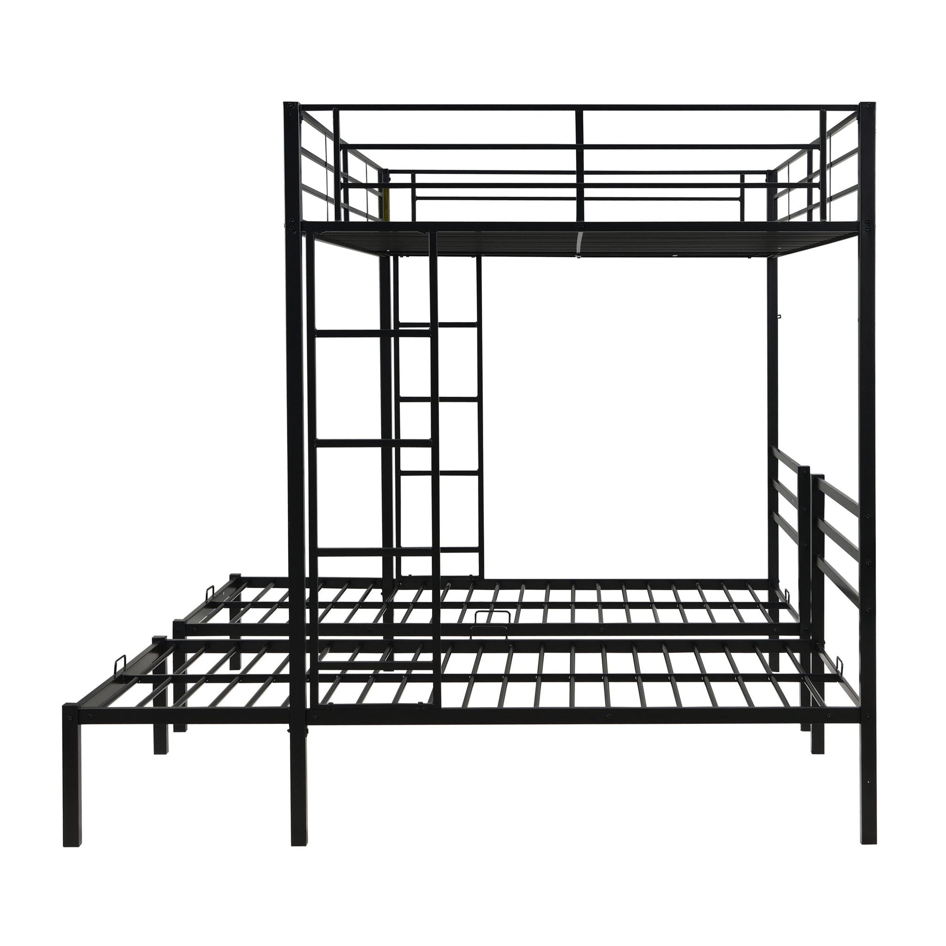 Triple bunk bed frame by HouseOfZazla in black metal with vertical ladder and safety rails on Tampa Home & Garden Store