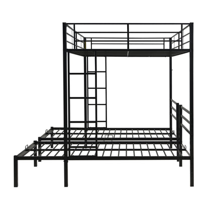 Triple bunk bed frame by HouseOfZazla in black metal with vertical ladder and safety rails on Tampa Home & Garden Store