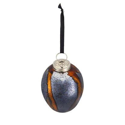 Christmas ball ornament set of 6 in blue-gray with copper stripe hanging black ribbon on Tampa Home & Garden Store