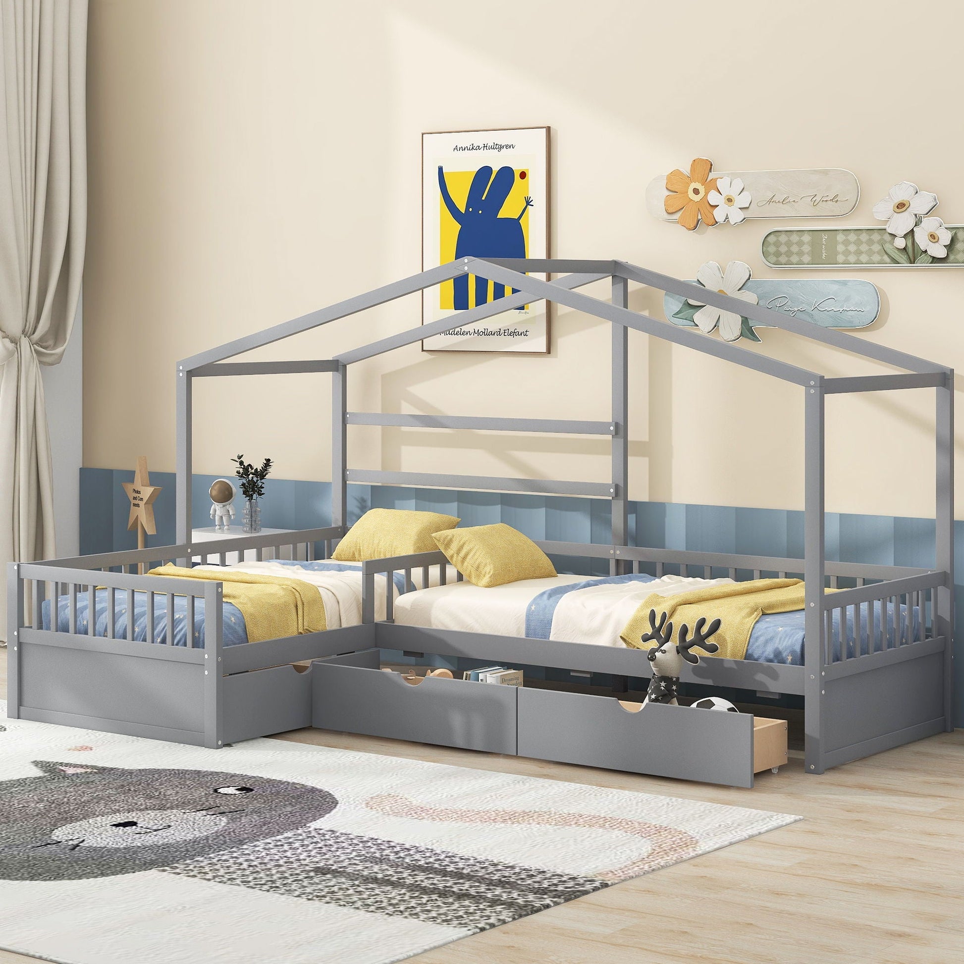 L Shape platform bed frame in gray metal with three under-bed storage drawers for space-saving storage in a kid's room with modern style and a sturdy gray finish on Tampa Home & Garden Store