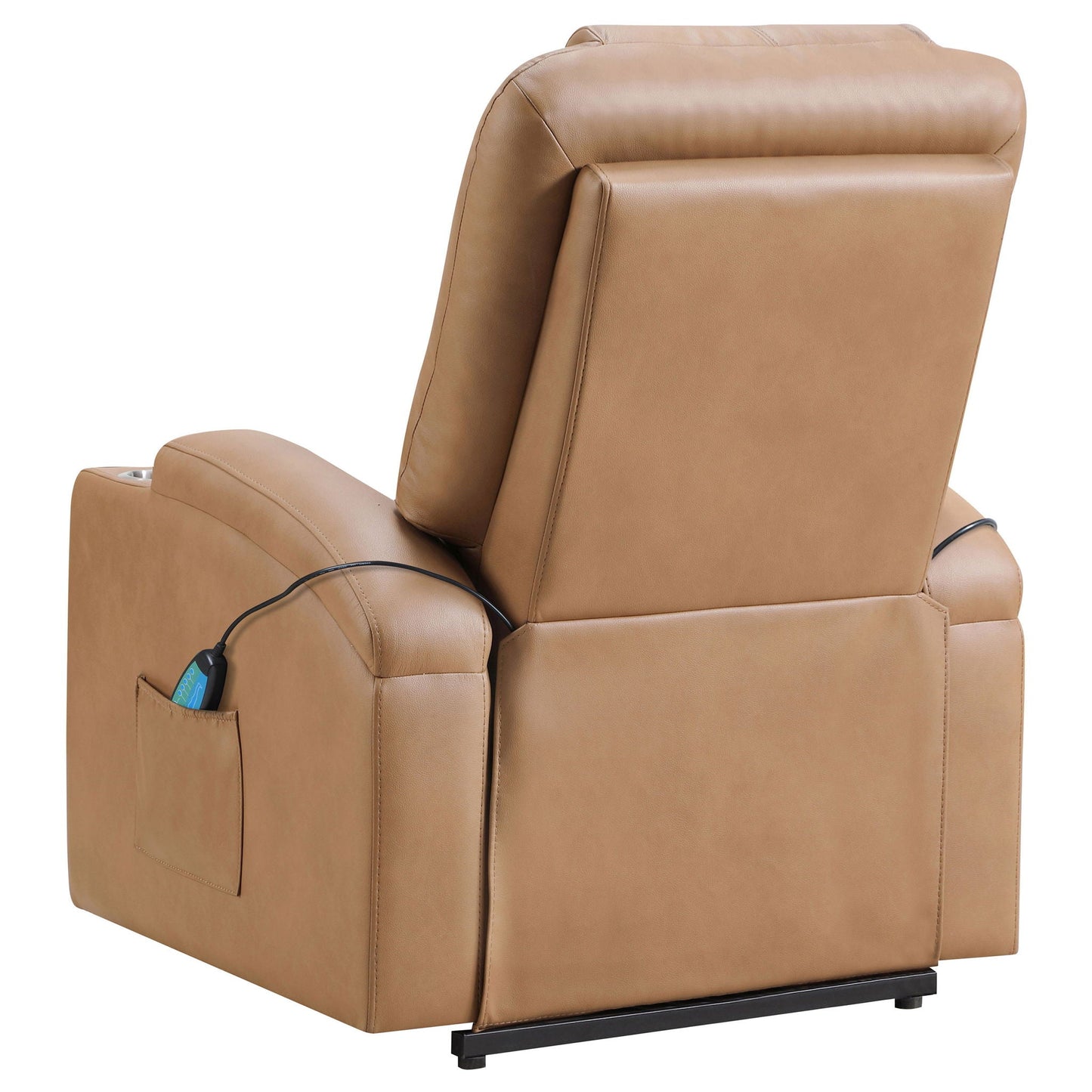 Macklin power lift massage recliner in tan leather with heat, dual cupholders, remote in pocket on Tampa Home & Garden Store