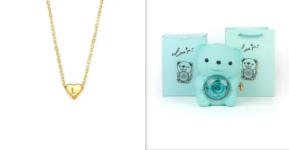 Eternal Rose Teddy Bear Gift Set: gold heart pendant necklace and turquoise rotating bear box on Tampa Home & Garden Store