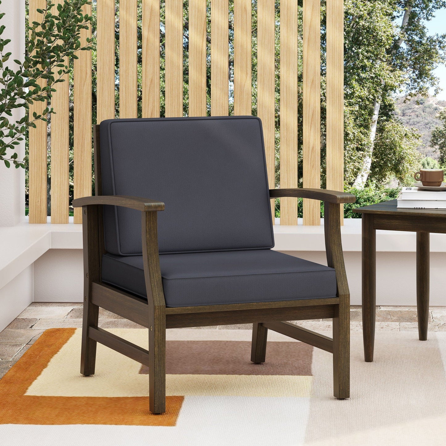 Enchanting Outdoor Club Chair by HouseOfZazla with slat panel and water resistant cushion gray on Tampa Home & Garden Store