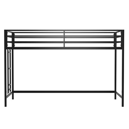 Black HouseOfZazla twin loft bed frame with full-length guardrails and reversible ladder on Tampa Home & Garden Store