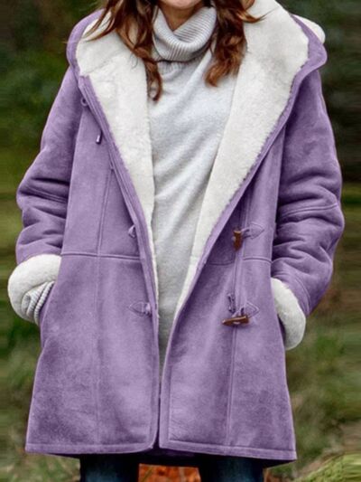 Full Size Pocketed Hooded Toggle Jacket Stevvex purple coat with white sherpa lining and pockets on Tampa Home & Garden Store