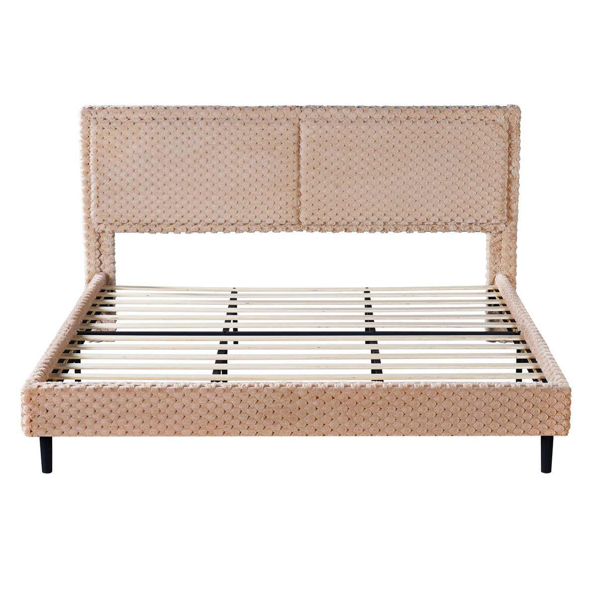 Soft bed backrest in beige textured woven upholstery, bench-style with wooden frame on Tampa Home & Garden Store