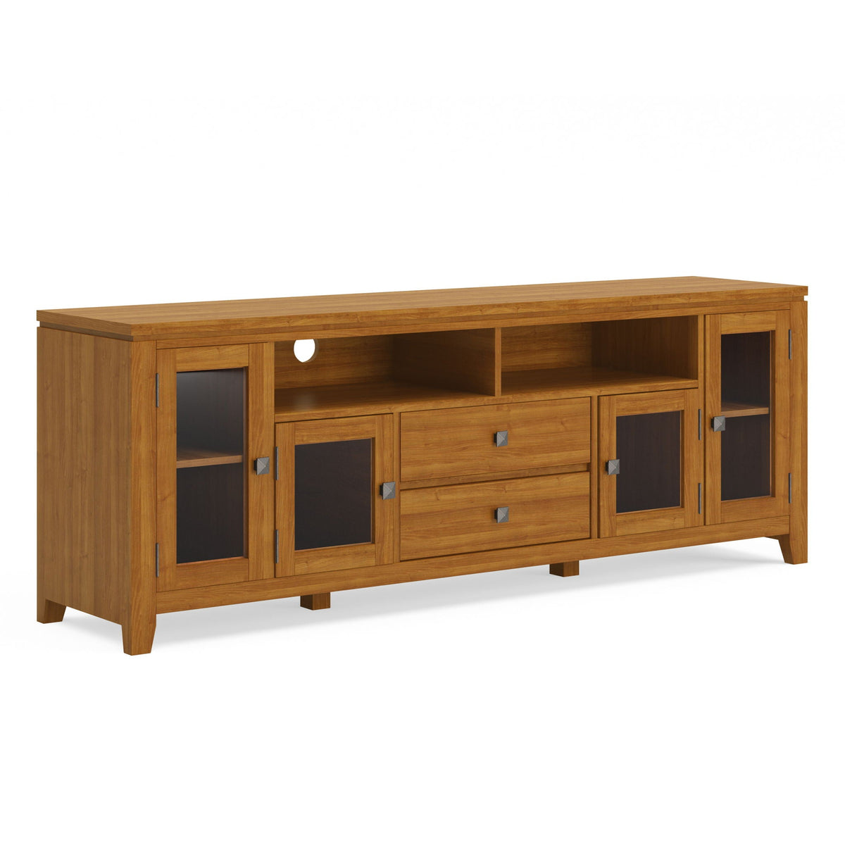 Wide handcrafted solid wood media stand with oak finish, glass-front panels by HouseOfZazla on Tampa Home & Garden Store