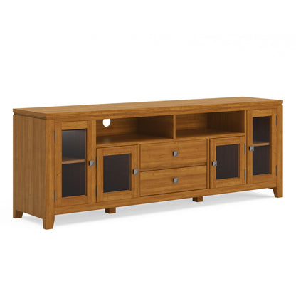 Wide handcrafted solid wood media stand with oak finish, glass-front panels by HouseOfZazla on Tampa Home & Garden Store