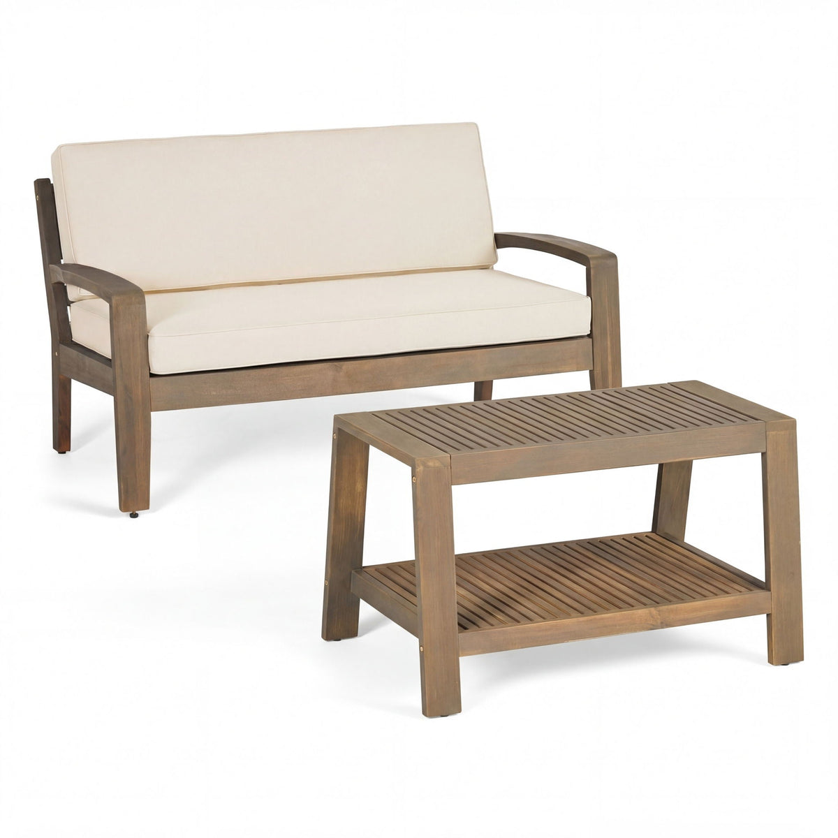 2 piece outdoor conversation set with loveseat & coffee table beige cushions on brown wood frame on Tampa Home & Garden Store