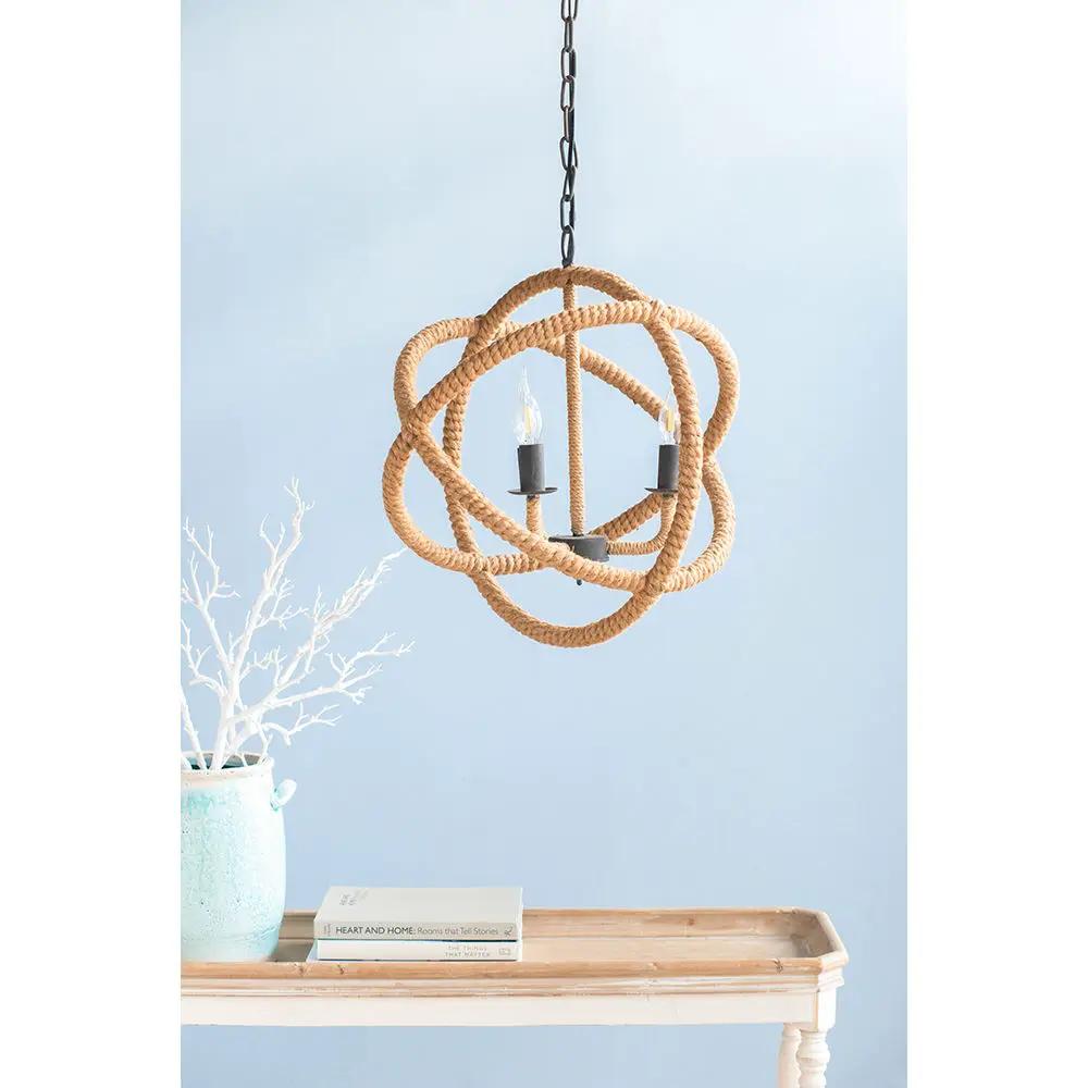3-Light Farmhouse Rope Chandelier with beige rope and dark sockets, adjustable chain on Tampa Home & Garden Store