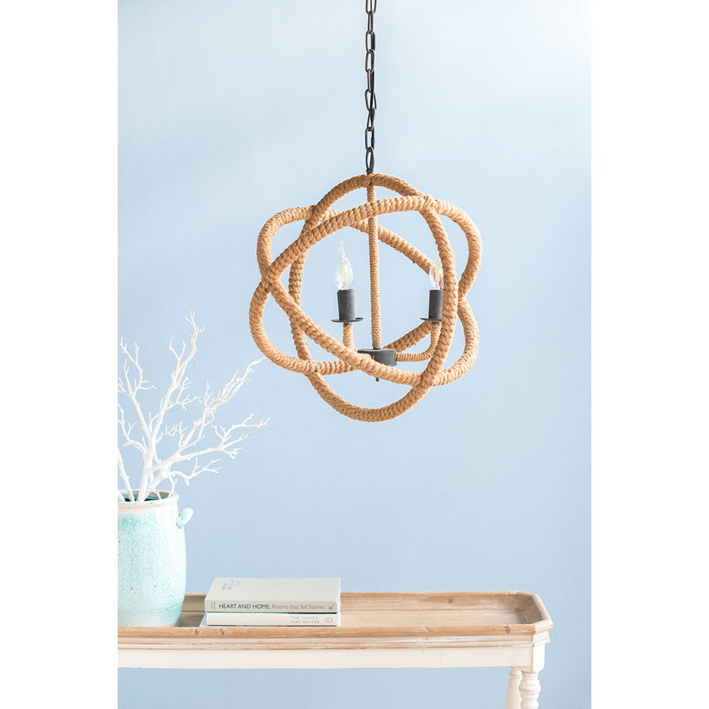 3-light farmhouse rope chandelier with globe frame beige brown, adjustable chain hanging light on Tampa Home & Garden Store
