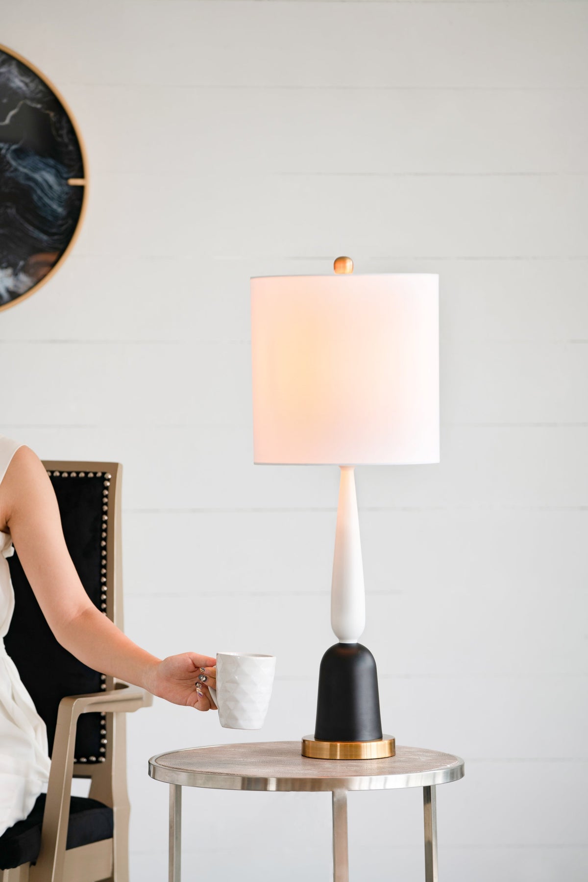 Teardrop silhouette table lamp with white shade, copper finial, and black base HouseOfZazla on Tampa Home & Garden Store