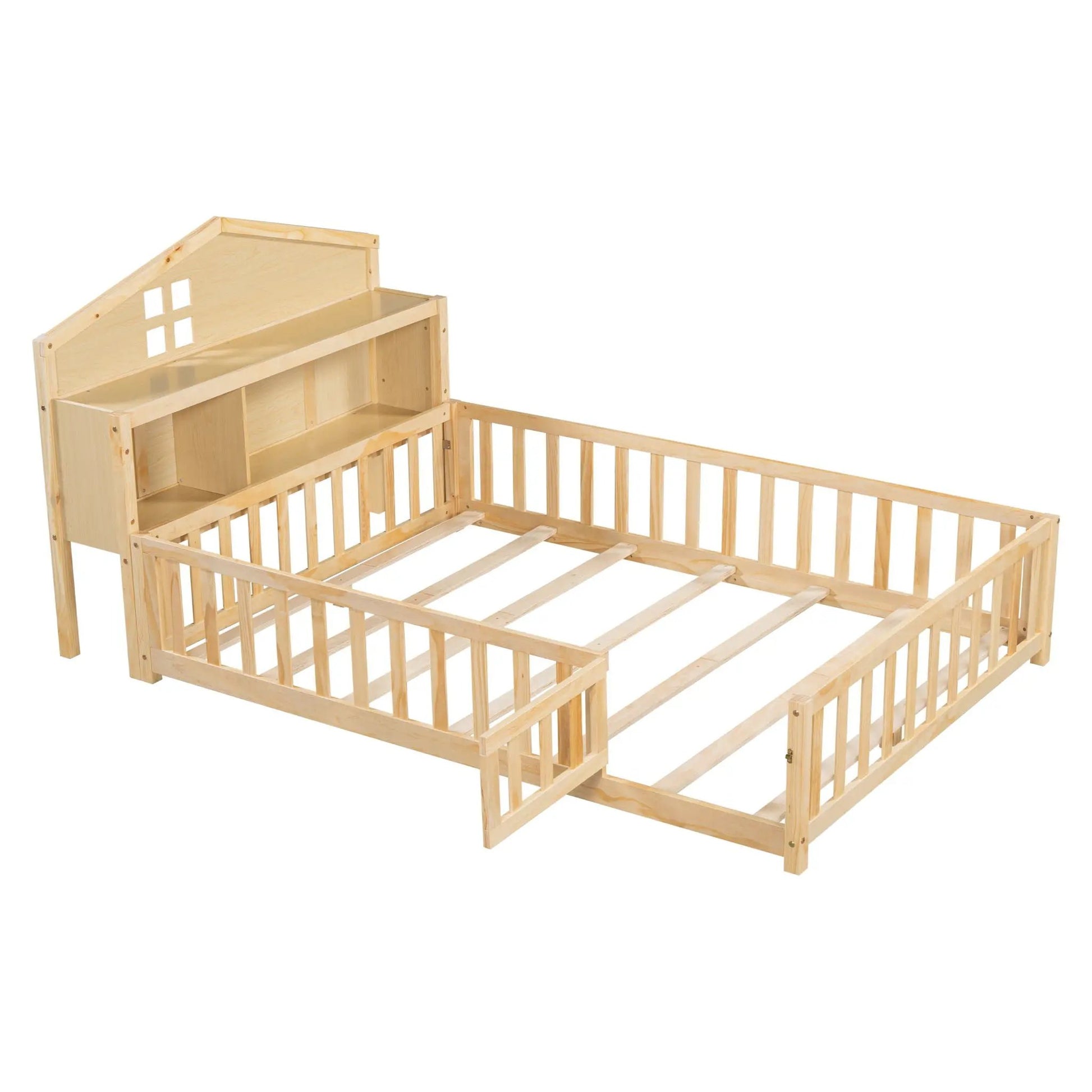 Full-size Montessori floor bed in natural solid wood with bookcase headboard and guard rails on Tampa Home & Garden Store