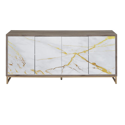 Paavan console cabinet with storage; white marble mirrored doors, wood top, champagne base on Tampa Home & Garden Store