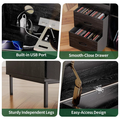 Vinyl record stand with flip-top storage, dual outlets and drawers by Unique Piece Furniture on Tampa Home & Garden Store