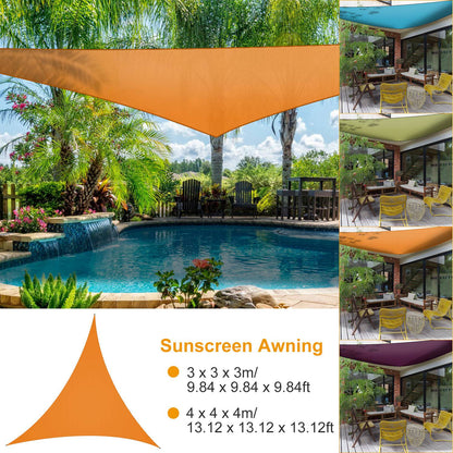 Orange triangle shade sail over pool deck with palm plants and patio seating GemGear shade canopy on Tampa Home & Garden Store