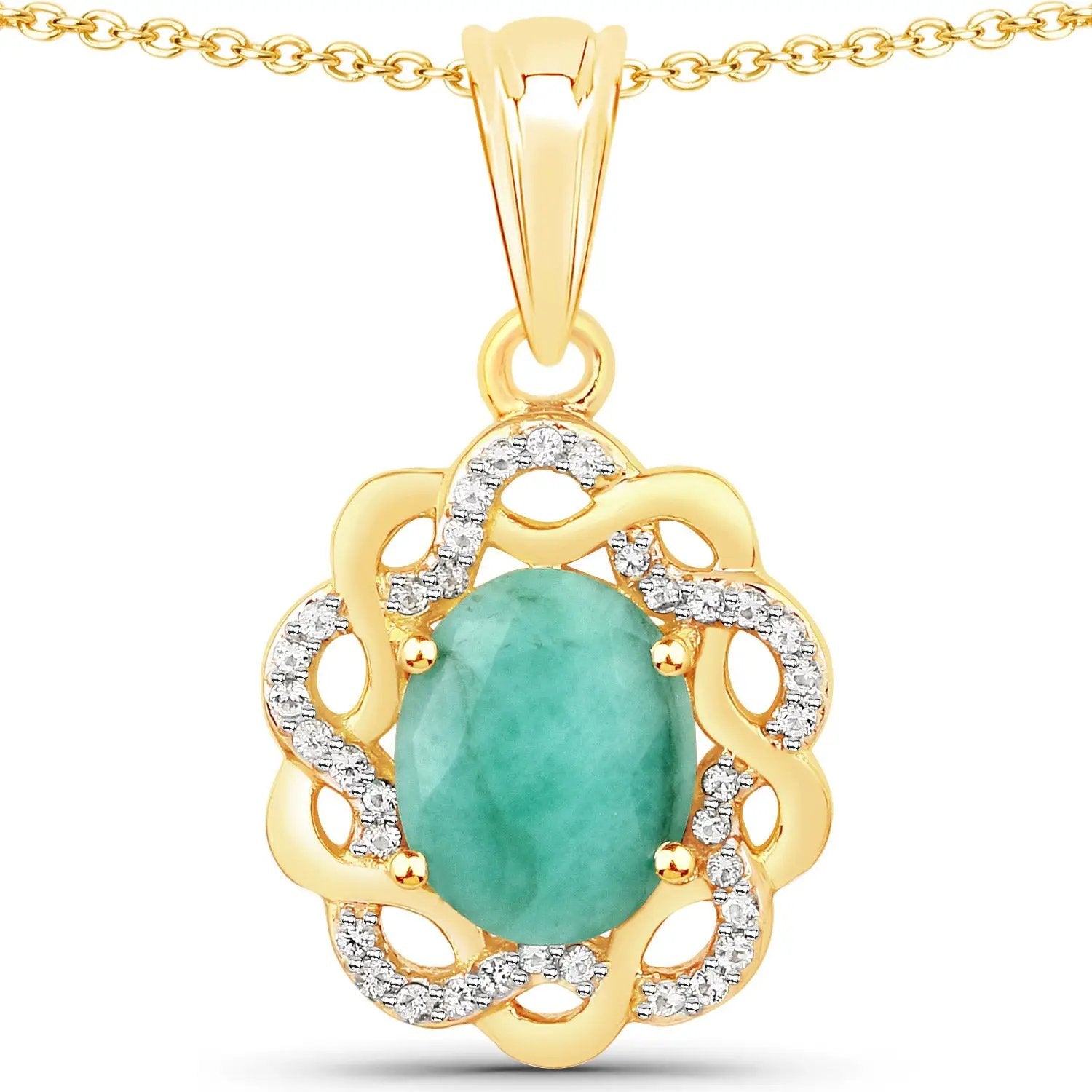 Goldtone emerald pendant with oval center and diamond halo on chain on Tampa Home & Garden Store