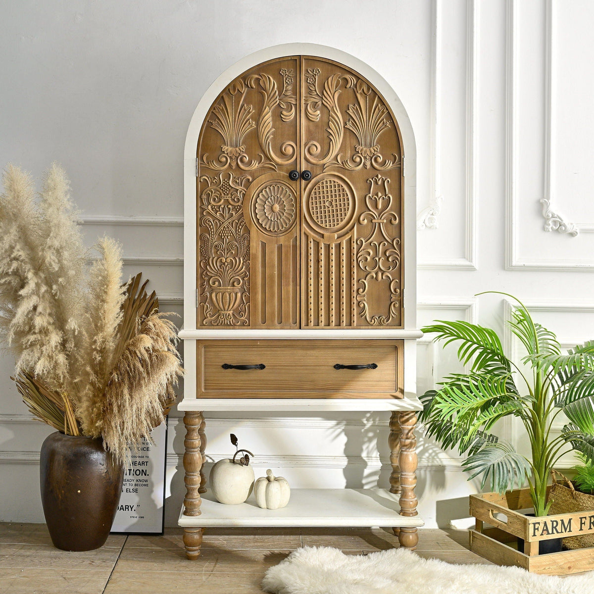 Arched flower-carved door accent sideboard with 1 drawer and shelf, natural/white on Tampa Home & Garden Store