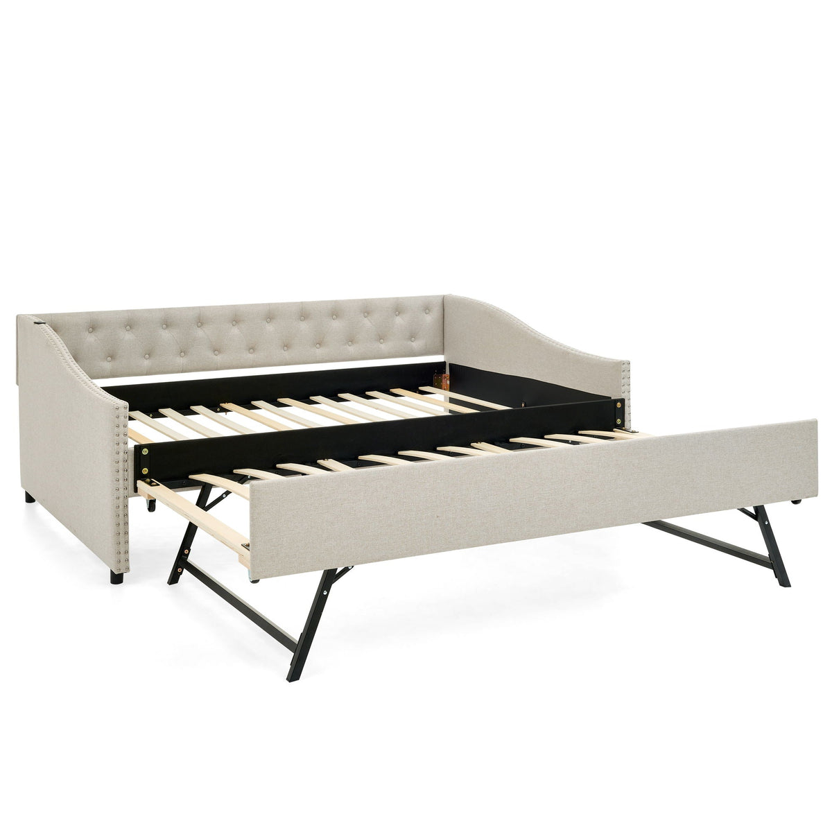 Upholstered daybed with USB charging and pullout trundle in gray fabric HouseOfZazla on Tampa Home & Garden Store