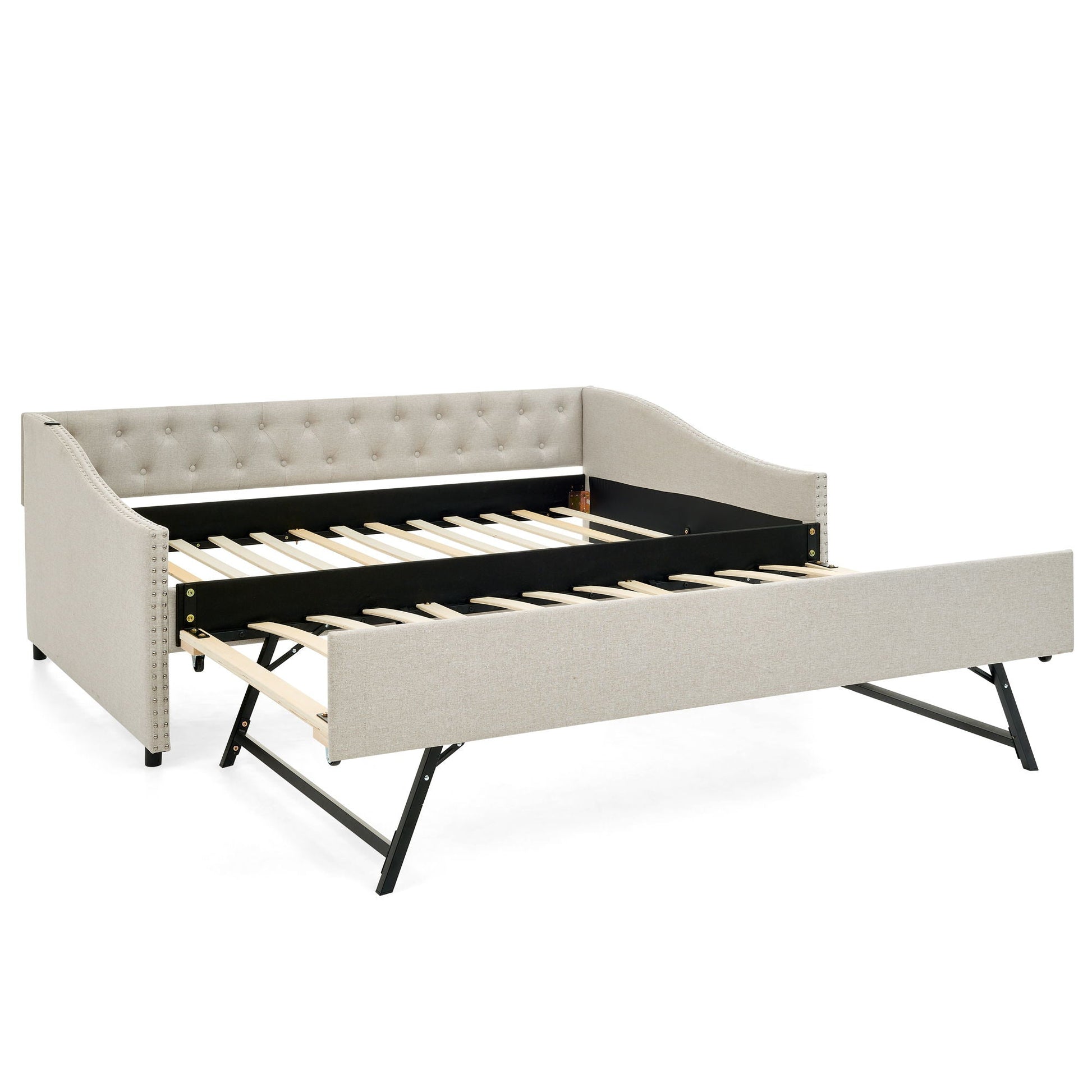 Upholstered daybed with USB charging and pullout trundle in gray fabric HouseOfZazla on Tampa Home & Garden Store
