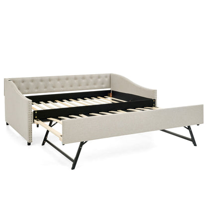 Upholstered daybed with USB charging and pullout trundle in gray fabric HouseOfZazla on Tampa Home & Garden Store