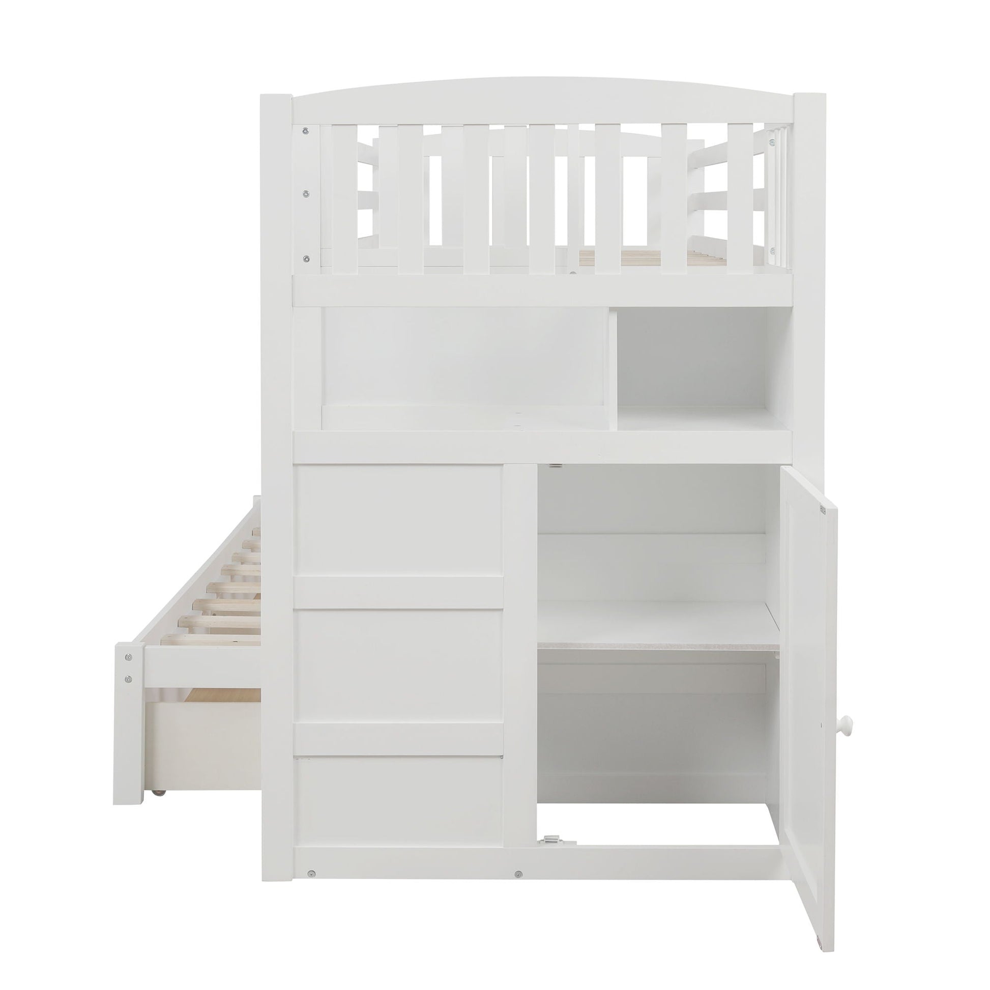 White bunk bed with storage drawers and shelves, convertible bottom bed, HouseOfZazla on Tampa Home & Garden Store