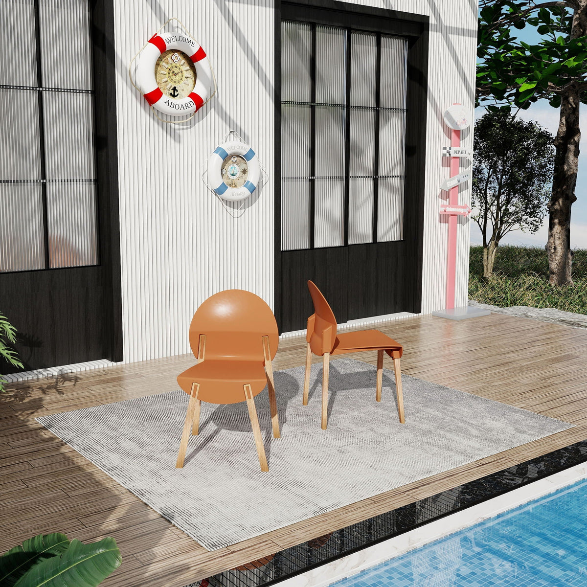 4 piece outdoor chair set with waterproof orange polypropylene seats and oak legs near pool on Tampa Home & Garden Store