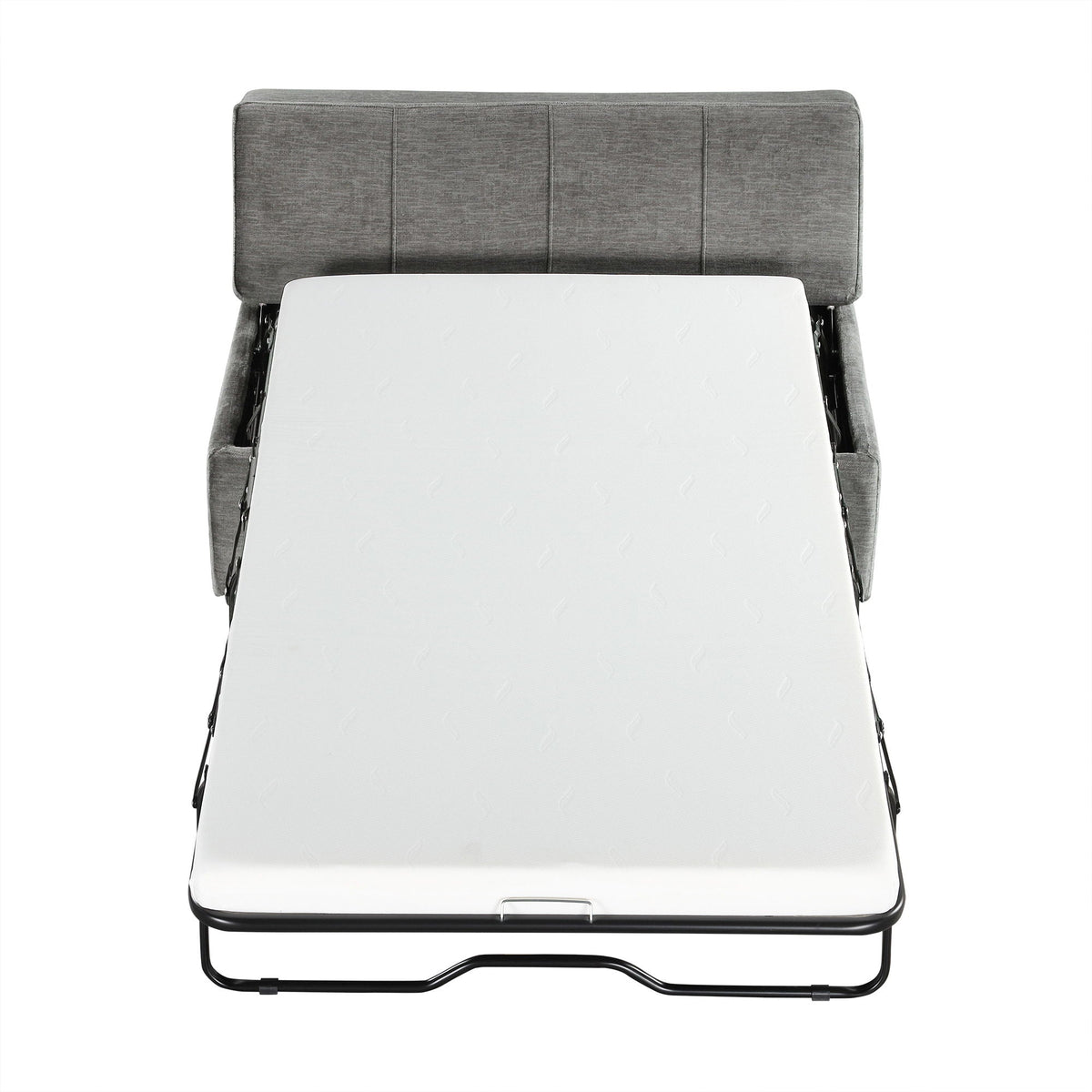 Twin size folding ottoman sleeper bed with mattress on grey fabric upholstered frame on Tampa Home & Garden Store