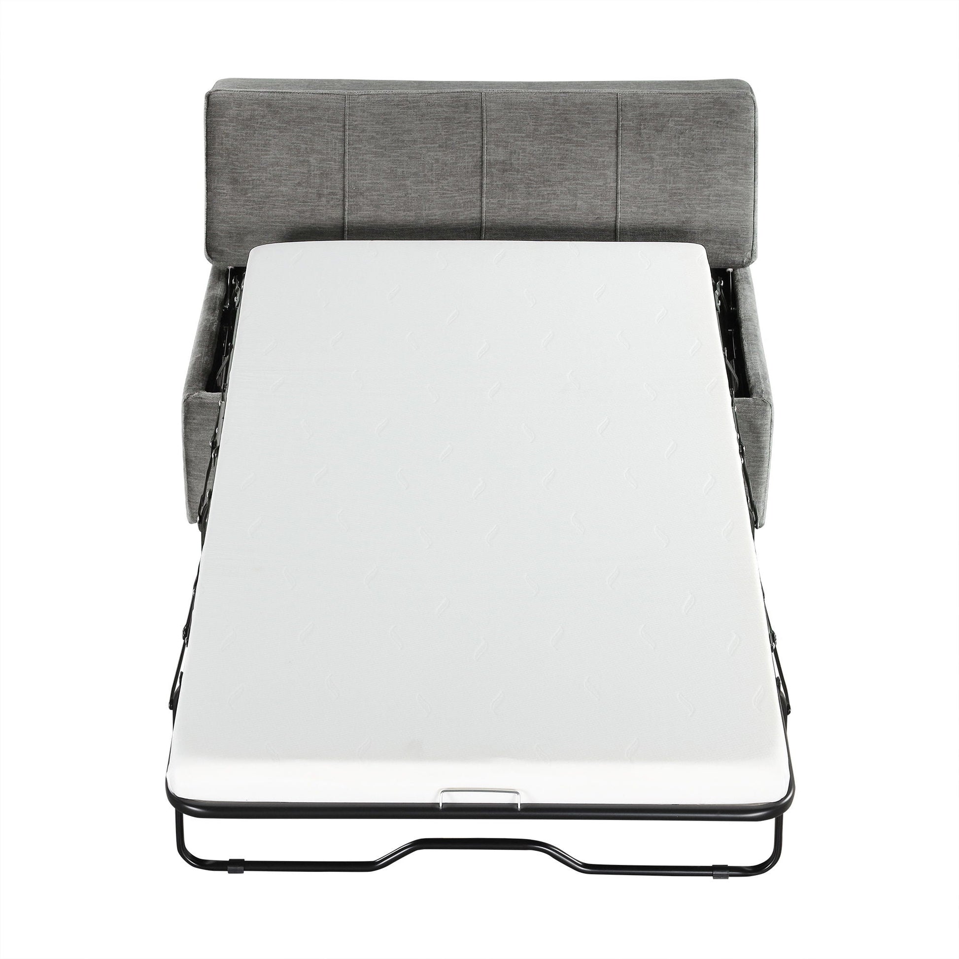 Twin size folding ottoman sleeper bed with mattress on grey fabric upholstered frame on Tampa Home & Garden Store