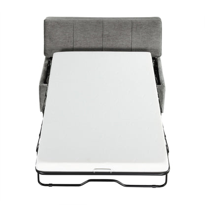 Twin size folding ottoman sleeper bed with mattress on grey fabric upholstered frame on Tampa Home & Garden Store