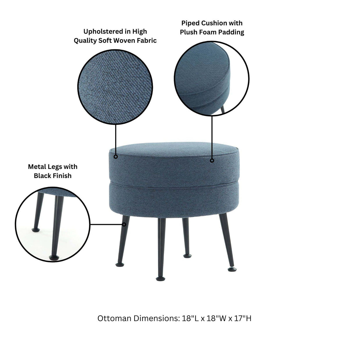 Bailey Accent Ottoman by HouseOfZazla, round blue upholstered ottoman with black metal legs on Tampa Home & Garden Store