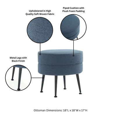 Bailey Accent Ottoman by HouseOfZazla, round blue upholstered ottoman with black metal legs on Tampa Home & Garden Store