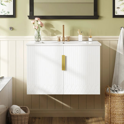 Bathroom Vanity With Sink, white beaded cabinet, 2 soft closing doors, brass hardware on Tampa Home & Garden Store