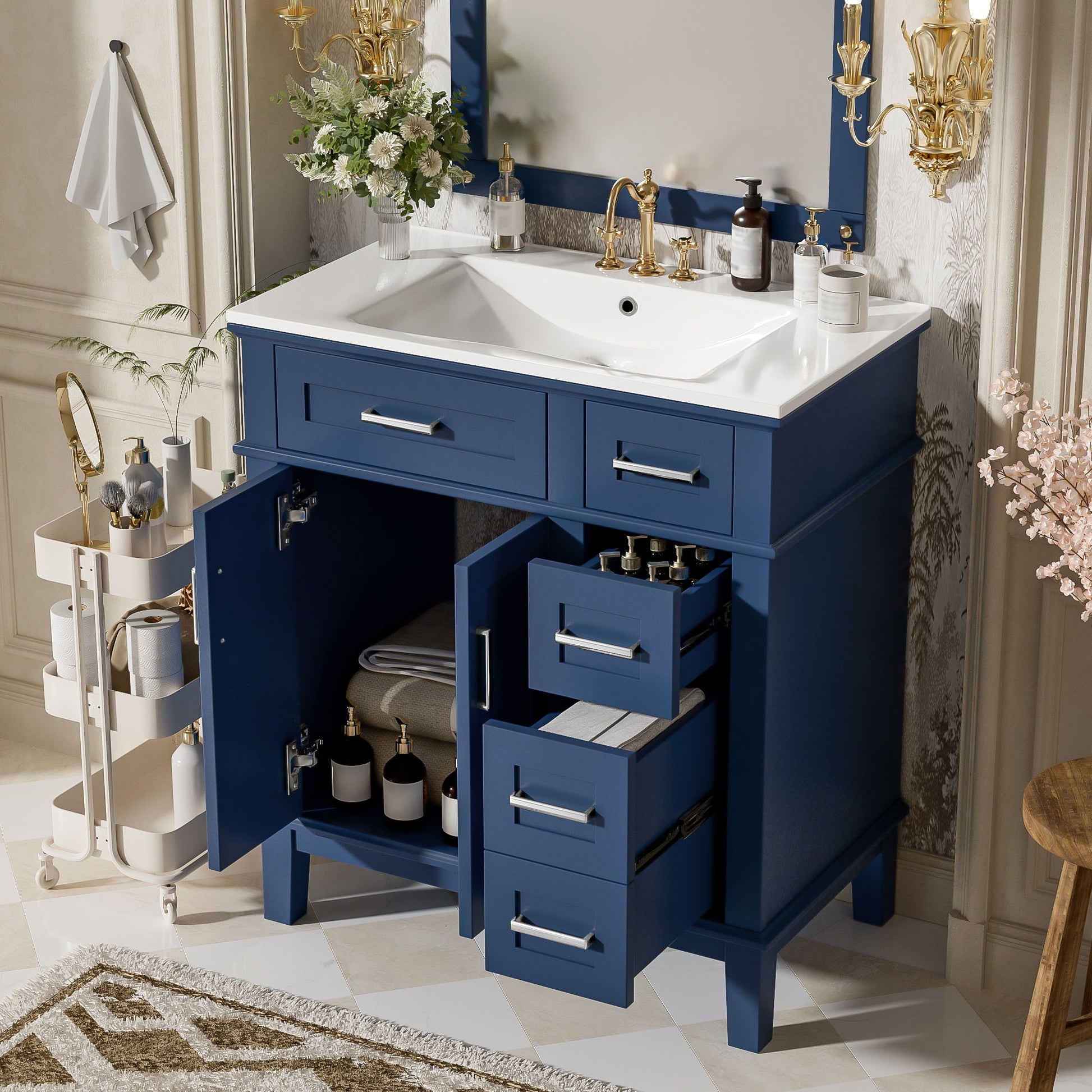Modern navy bathroom vanity with sink, white countertop, brass hardware and multiple drawers on Tampa Home & Garden Store