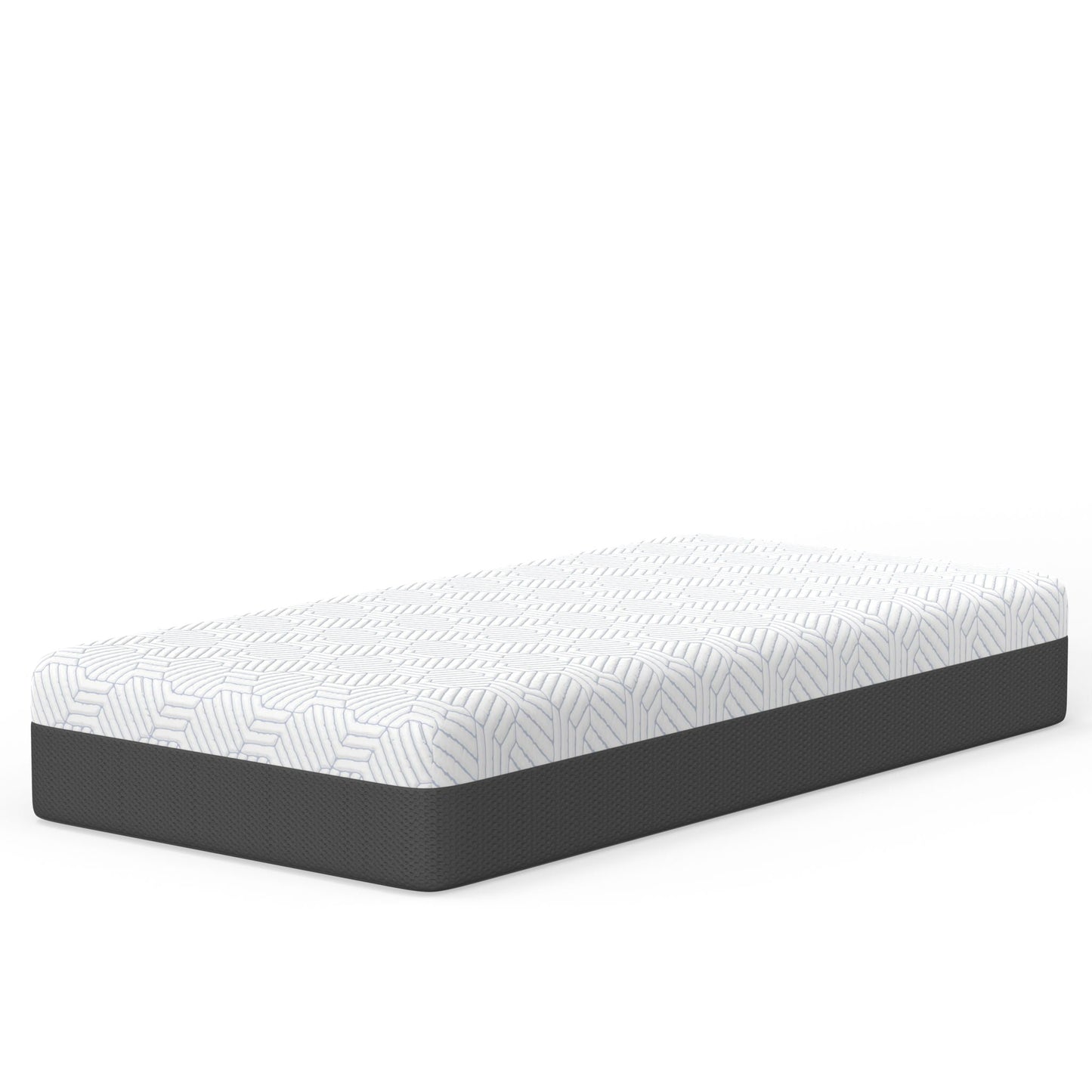 Pur Chill 12in Soft Hybrid Mattress with cooling fabric, patterned cover on black base on Tampa Home & Garden Store