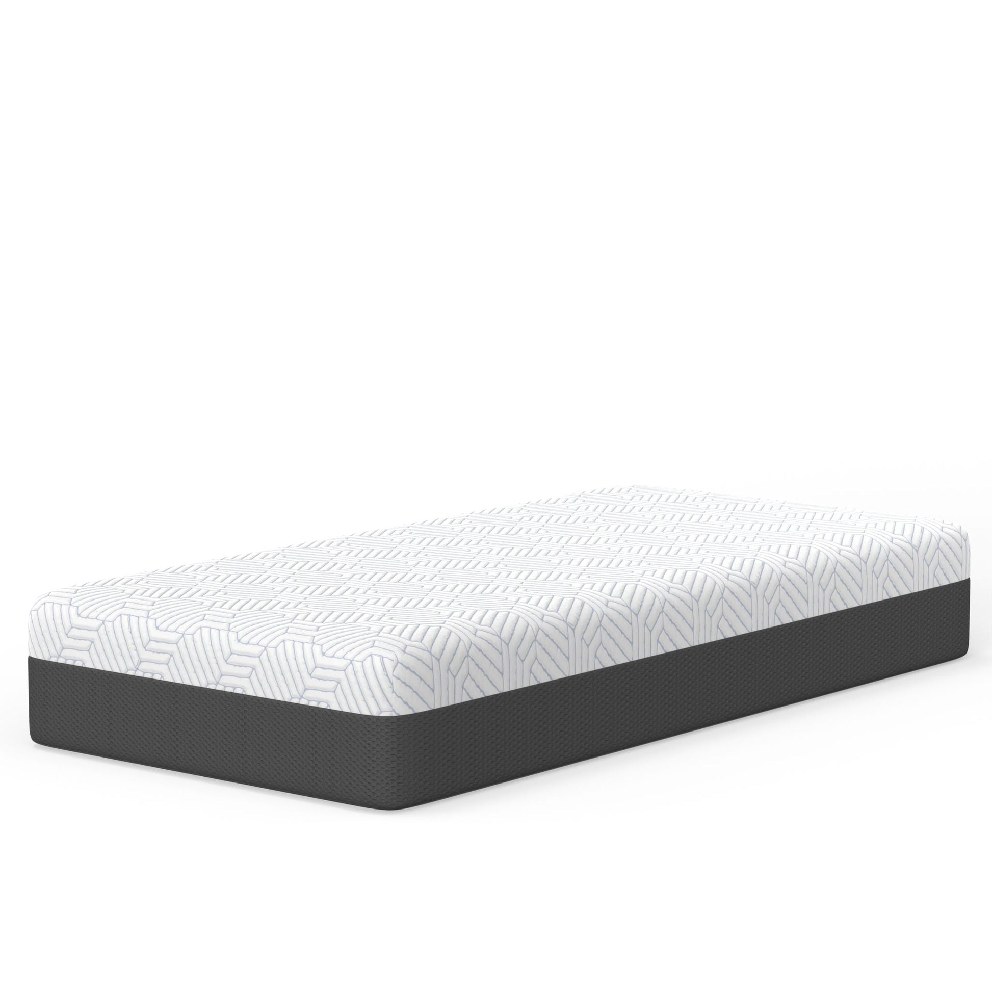 Pur Chill 12in Soft Hybrid Mattress with cooling fabric, patterned cover on black base on Tampa Home & Garden Store
